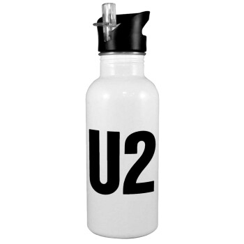 U2 , White water bottle with straw, stainless steel 600ml
