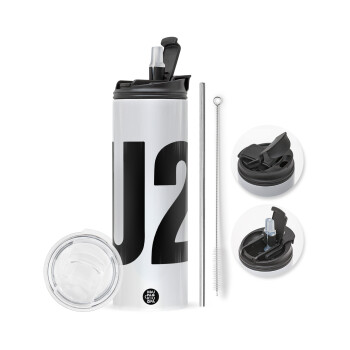 U2 , Travel Tumbler 2 Lids, with metal straw & cleaning brush (Stainless steel 304 Food grade, BPA free, 600ml)