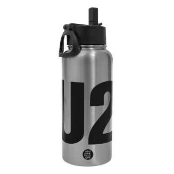 U2 , Metal mug thermo Silver with Straw and Spout Lid (Stainless steel), double wall, 950ml