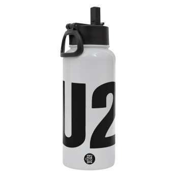 U2 , Metal mug thermo White with Straw and Spout Lid (Stainless steel), double wall, 950ml