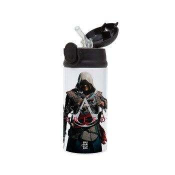 Assassin's Creed, Children's hot water bottle, stainless steel, with safety straw, Black (360ml) BPA-FREE