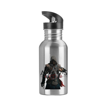 Assassin's Creed, Water bottle Silver with straw, stainless steel 600ml