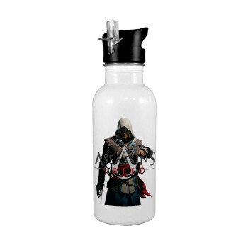 Assassin's Creed, White water bottle with straw, stainless steel 600ml