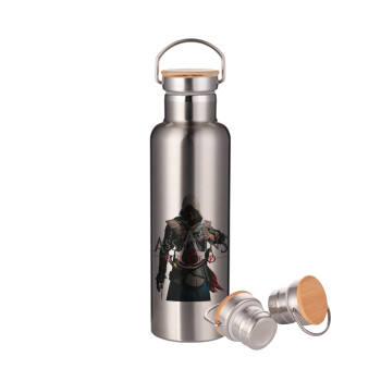 Assassin's Creed, Μεταλλικό παγούρι θερμός (Stainless steel) Ασημένιο με ξύλινο καπακι (bamboo), διπλού τοιχώματος, 750ml