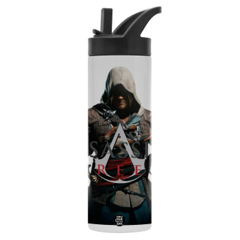 Assassin's Creed, Metallic thermos bottle with straw & handle, stainless steel (Stainless steel 304), double-walled, 600ml.