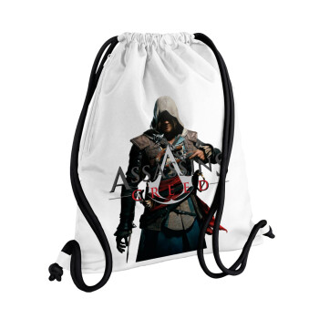 Assassin's Creed, Τσάντα πλάτης πουγκί GYMBAG λευκή, με τσέπη (40x48cm) & χονδρά κορδόνια