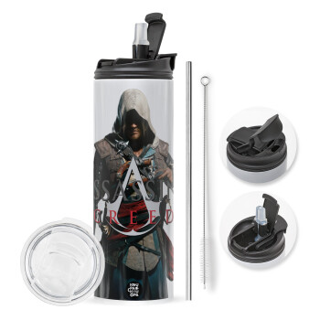 Assassin's Creed, Travel Tumbler θερμό με διπλό καπάκι, μεταλλικό καλαμάκι και βούρτσα καθαρισμού (Ανωξείδωτο 304 Food grade, BPA free, 600ml)