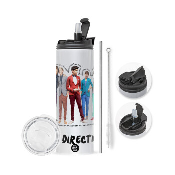 One Direction , Travel Tumbler θερμό με διπλό καπάκι, μεταλλικό καλαμάκι και βούρτσα καθαρισμού (Ανωξείδωτο 304 Food grade, BPA free, 600ml)