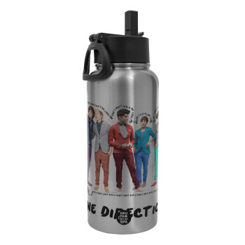 One Direction , Metal mug thermo Silver with Straw and Spout Lid (Stainless steel), double wall, 950ml