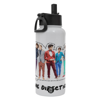 One Direction , Metal mug thermo White with Straw and Spout Lid (Stainless steel), double wall, 950ml