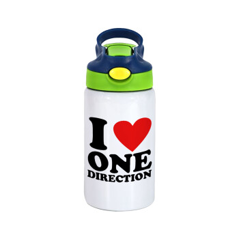I Love, One Direction, Children's hot water bottle, stainless steel, with safety straw, green, blue (350ml)