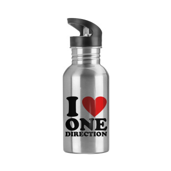 I Love, One Direction, Water bottle Silver with straw, stainless steel 600ml