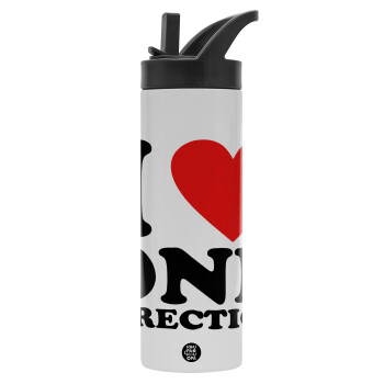 I Love, One Direction, Metallic thermos bottle with straw & handle, stainless steel (Stainless steel 304), double-walled, 600ml.