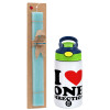 Easter Set, Children's thermal stainless steel bottle with safety straw, green/blue (350ml) & aromatic flat Easter candle (30cm) (TURQUOISE)