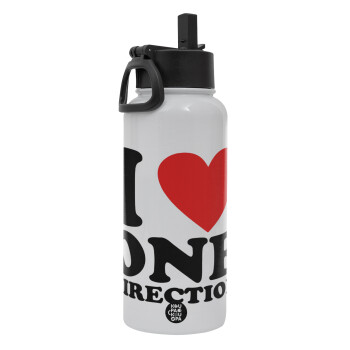 I Love, One Direction, Metal mug thermo White with Straw and Spout Lid (Stainless steel), double wall, 950ml