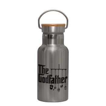 The Godfather baby, Stainless steel metallic thermos flask, silver with a bamboo lid, double-walled, 350ml.