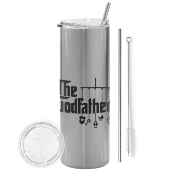 The Godfather baby, Eco friendly ποτήρι θερμό Ασημένιο (tumbler) από ανοξείδωτο ατσάλι 600ml, με μεταλλικό καλαμάκι & βούρτσα καθαρισμού