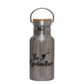 Fairy God Mother, Stainless steel metallic thermos flask, silver with a bamboo lid, double-walled, 350ml.