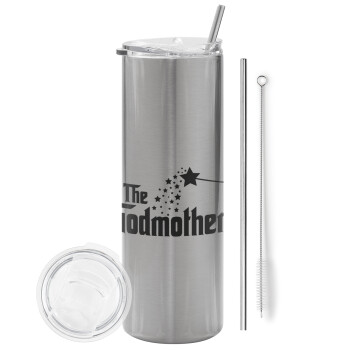 Fairy GodMother, Eco friendly ποτήρι θερμό Ασημένιο (tumbler) από ανοξείδωτο ατσάλι 600ml, με μεταλλικό καλαμάκι & βούρτσα καθαρισμού