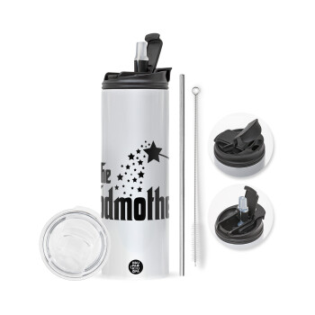 Fairy GodMother, Travel Tumbler 2 Lids, with metal straw & cleaning brush (Stainless steel 304 Food grade, BPA free, 600ml)