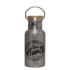 Stainless steel metallic thermos flask, silver with a bamboo lid, double-walled, 350ml.