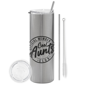 Cool Aunts club, Eco friendly ποτήρι θερμό Ασημένιο (tumbler) από ανοξείδωτο ατσάλι 600ml, με μεταλλικό καλαμάκι & βούρτσα καθαρισμού