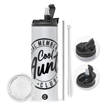 Cool Aunts club, Travel Tumbler θερμό με διπλό καπάκι, μεταλλικό καλαμάκι και βούρτσα καθαρισμού (Ανωξείδωτο 304 Food grade, BPA free, 600ml)