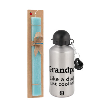 Grandpa, like a dad, just cooler, Easter Set, metallic silver aluminum water bottle (500ml) & scented flat Easter candle (30cm) (TURQUOISE)