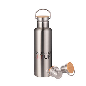 Suits You Just Got Litt Up! , Μεταλλικό παγούρι θερμός (Stainless steel) Ασημένιο με ξύλινο καπακι (bamboo), διπλού τοιχώματος, 750ml