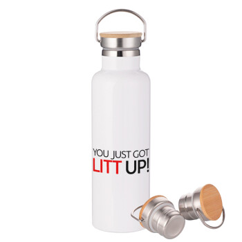 Suits You Just Got Litt Up! , Μεταλλικό παγούρι θερμός (Stainless steel) Λευκό με ξύλινο καπακι (bamboo), διπλού τοιχώματος, 750ml