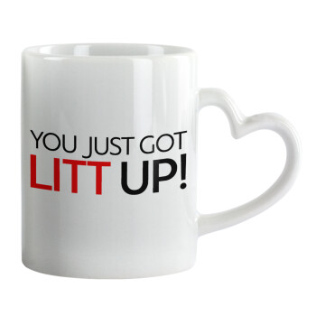 Suits You Just Got Litt Up! , Κούπα καρδιά χερούλι λευκή, κεραμική, 330ml