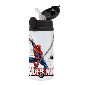 Spiderman fly, Children's hot water bottle, stainless steel, with safety straw, Black (360ml) BPA-FREE