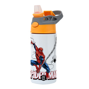 Spiderman fly, Children's hot water bottle, stainless steel, with safety straw, Orange/Grey (360ml) BPA-FREE