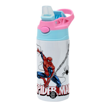 Spiderman fly, Children's hot water bottle, stainless steel, with safety straw, Pink/BlueCiel (360ml) BPA FREE