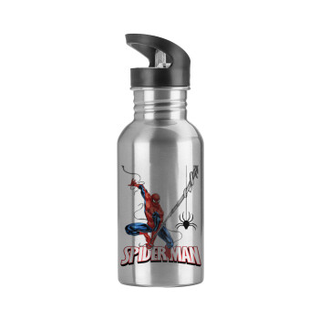 Spiderman fly, Water bottle Silver with straw, stainless steel 600ml