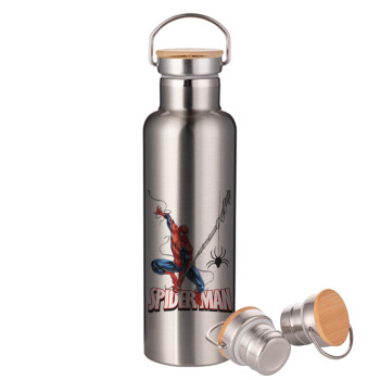 Spiderman fly, Stainless steel Silver with wooden lid (bamboo), double wall, 750ml
