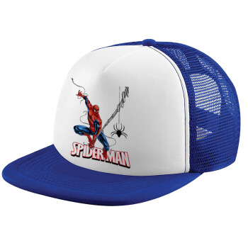 Spiderman fly, Adult Soft Trucker Hat with Blue/White Mesh (POLYESTER, ADULT, UNISEX, ONE SIZE)