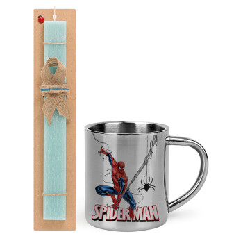 Spiderman fly, Πασχαλινό Σετ, μεταλλική κούπα θερμό (300ml) & πασχαλινή λαμπάδα αρωματική πλακέ (30cm) (ΤΙΡΚΟΥΑΖ)