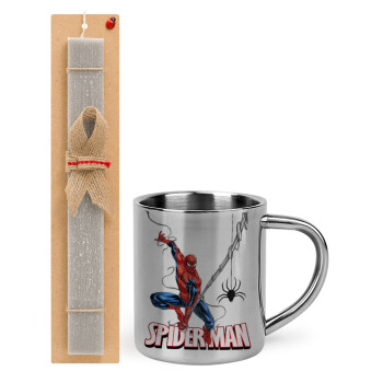 Spiderman fly, Easter Set, metallic thermal cup (300ml) & Easter aromatic flat candle (30cm) (GRAY)