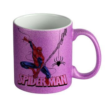 Spiderman fly, Κούπα Μωβ Glitter που γυαλίζει, κεραμική, 330ml