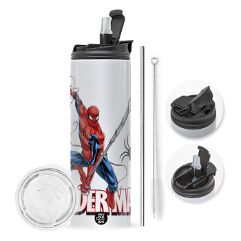 Spiderman fly, Travel Tumbler θερμό με διπλό καπάκι, μεταλλικό καλαμάκι και βούρτσα καθαρισμού (Ανωξείδωτο 304 Food grade, BPA free, 600ml)