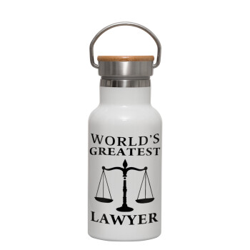 World's greatest Lawyer, Μεταλλικό παγούρι θερμός (Stainless steel) Λευκό με ξύλινο καπακι (bamboo), διπλού τοιχώματος, 350ml