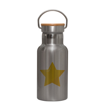 Star, Stainless steel metallic thermos flask, silver with a bamboo lid, double-walled, 350ml.