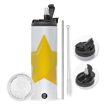 Star, Travel Tumbler 2 Lids, with metal straw & cleaning brush (Stainless steel 304 Food grade, BPA free, 600ml)