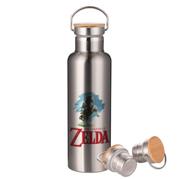 Zelda, Μεταλλικό παγούρι θερμός (Stainless steel) Ασημένιο με ξύλινο καπακι (bamboo), διπλού τοιχώματος, 750ml