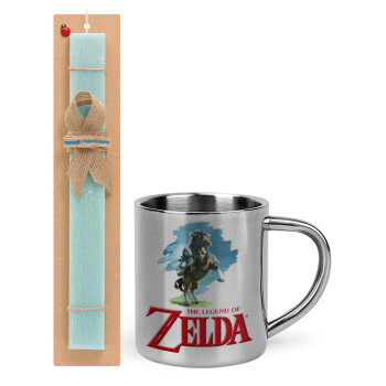 Zelda, Easter Set, metallic thermal cup (300ml) & aromatic flat Easter candle (30cm) (TURQUOISE)