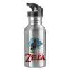 Water bottle Silver with straw, stainless steel 600ml