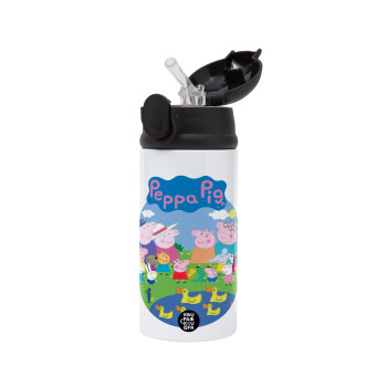 Peppa pig Family, Children's hot water bottle, stainless steel, with safety straw, Black (360ml) BPA-FREE