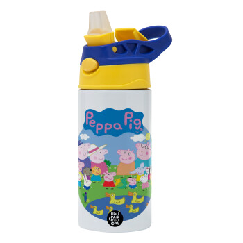 Peppa pig Family, Children's hot water bottle, stainless steel, with safety straw, green, blue (360ml) BPA FREE