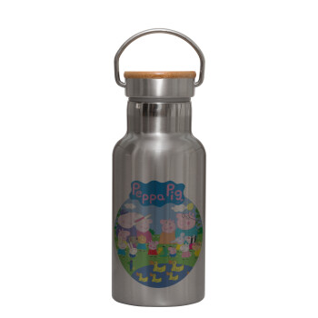 Peppa pig Family, Stainless steel metallic thermos flask, silver with a bamboo lid, double-walled, 350ml.